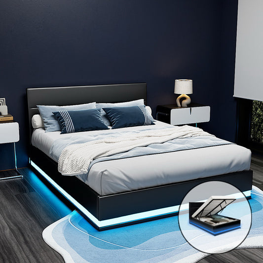LUMI Bed Frame Queen Size LED Gas Lift Black