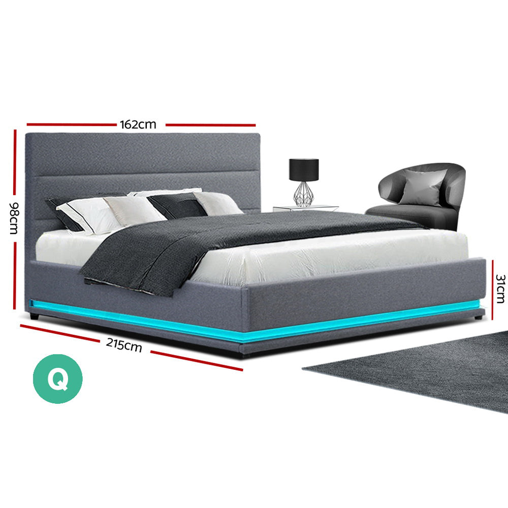 LUMI Bed Frame Queen Size LED Gas Lift Grey