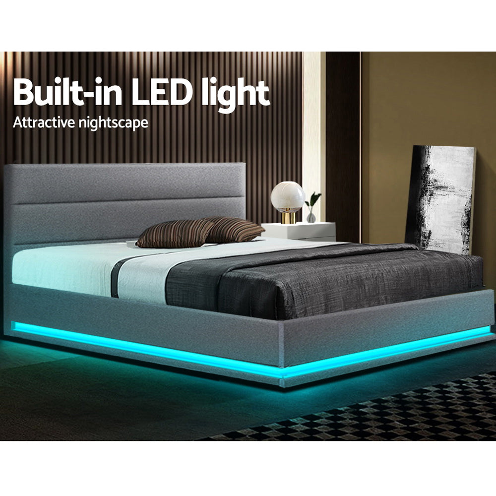 LUMI Bed Frame Queen Size LED Gas Lift Grey