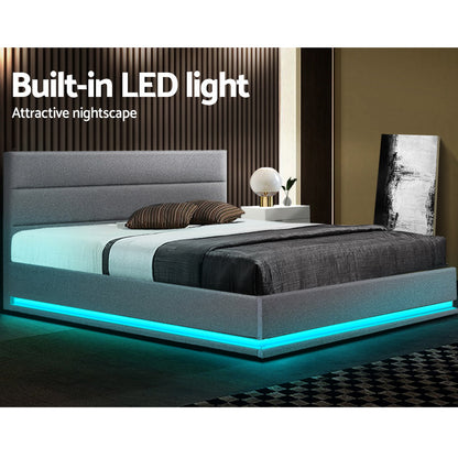 LUMI Bed Frame Queen Size LED Gas Lift Grey