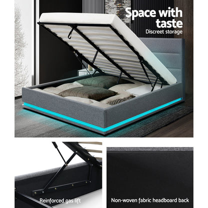 LUMI Bed Frame Queen Size LED Gas Lift Grey