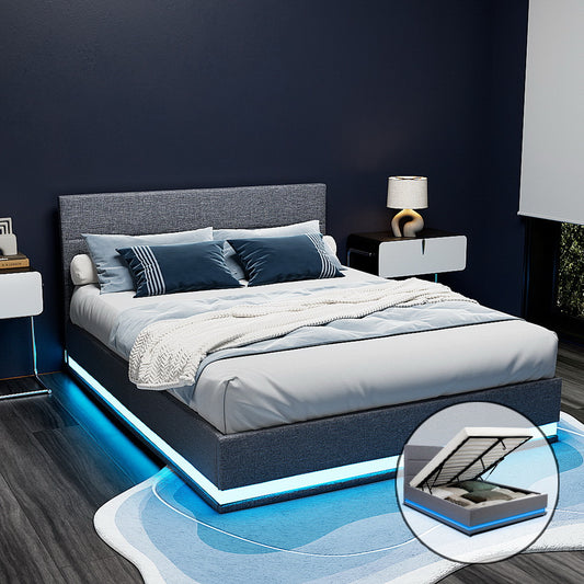 LUMI Bed Frame Queen Size LED Gas Lift Grey