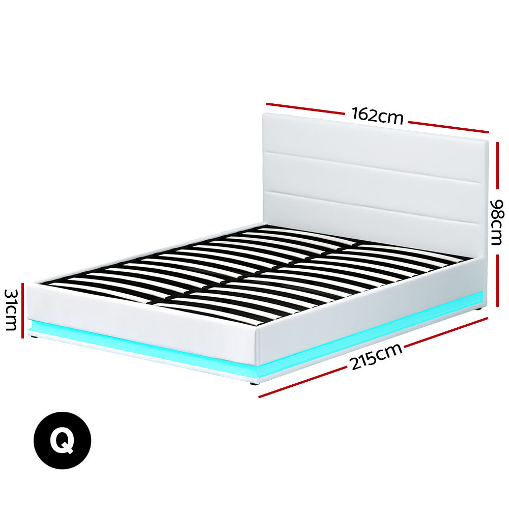 LUMI Bed Frame Queen Size LED Gas Lift White