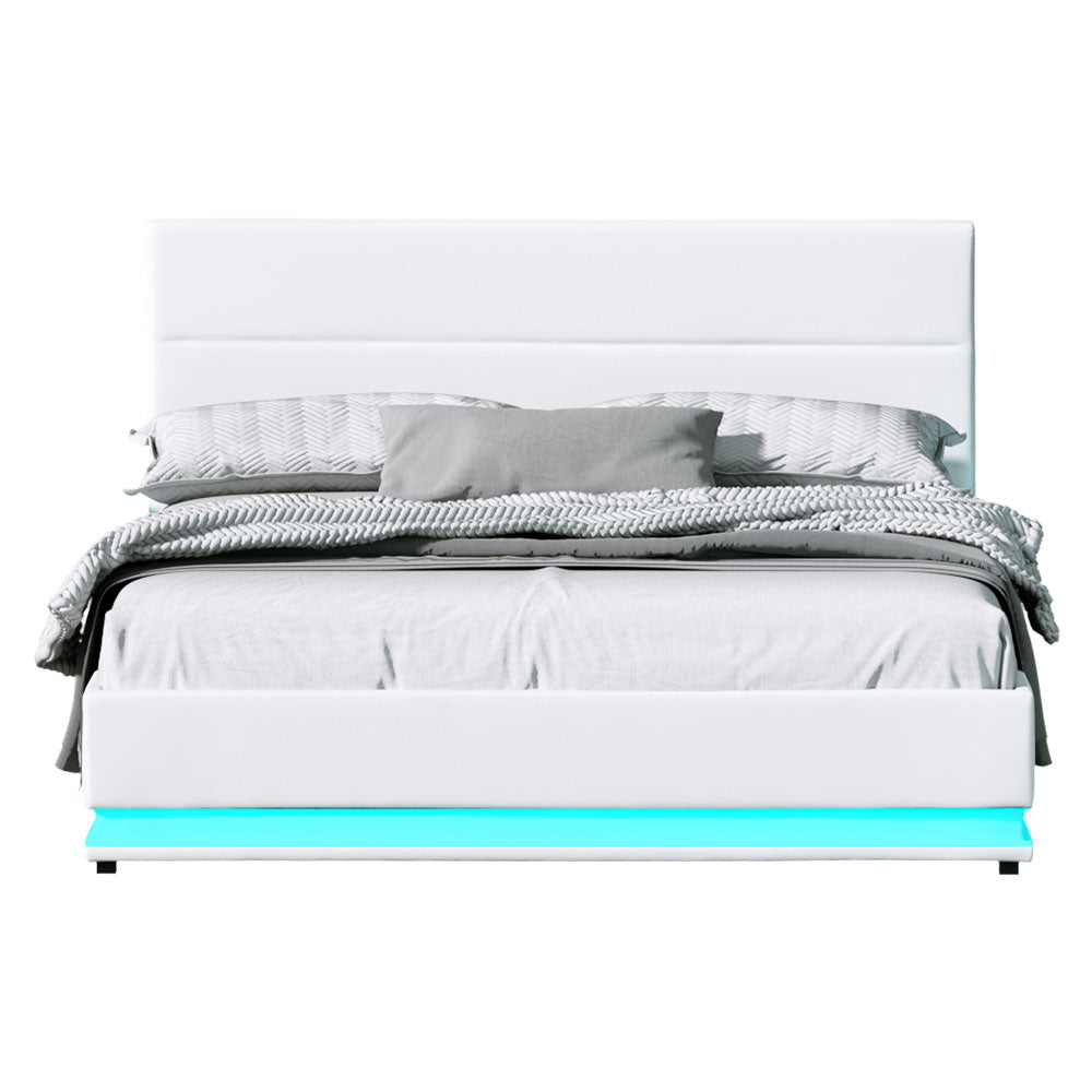 LUMI Bed Frame Queen Size LED Gas Lift White