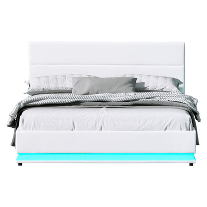 LUMI Bed Frame Queen Size LED Gas Lift White