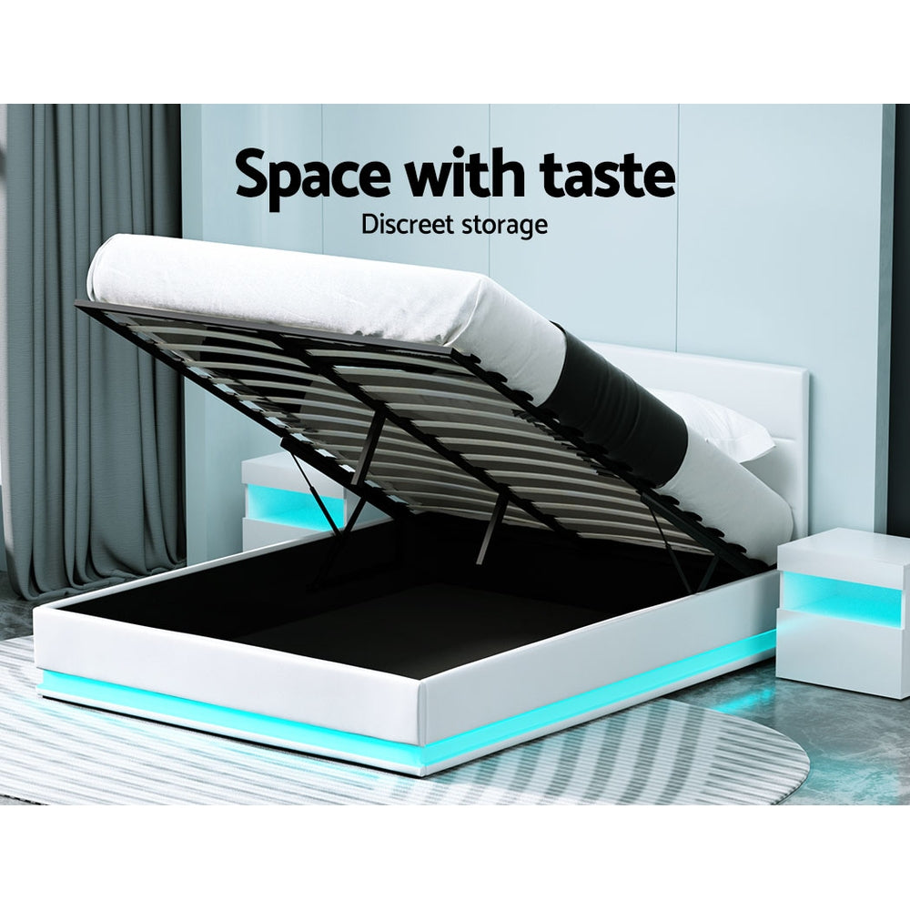 LUMI Bed Frame Queen Size LED Gas Lift White