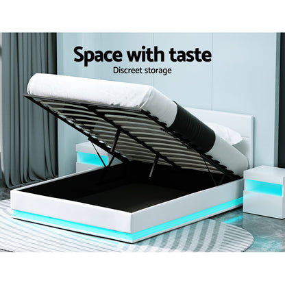 LUMI Bed Frame Queen Size LED Gas Lift White