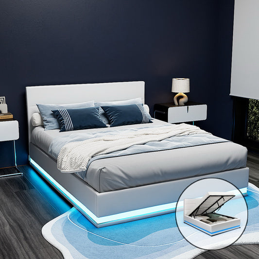 LUMI Bed Frame Queen Size LED Gas Lift White