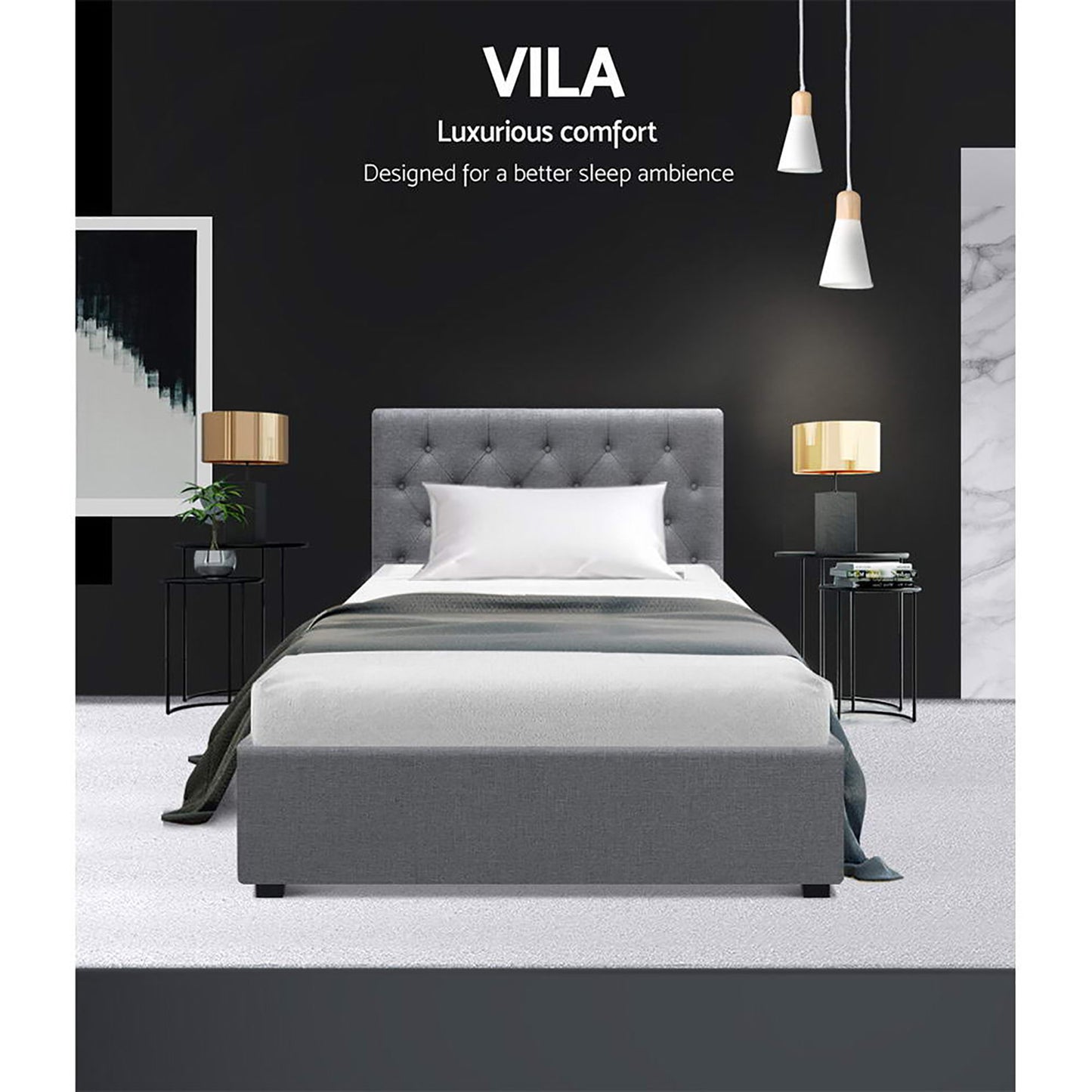 VILA Bed Frame King Single Size Gas Lift Grey
