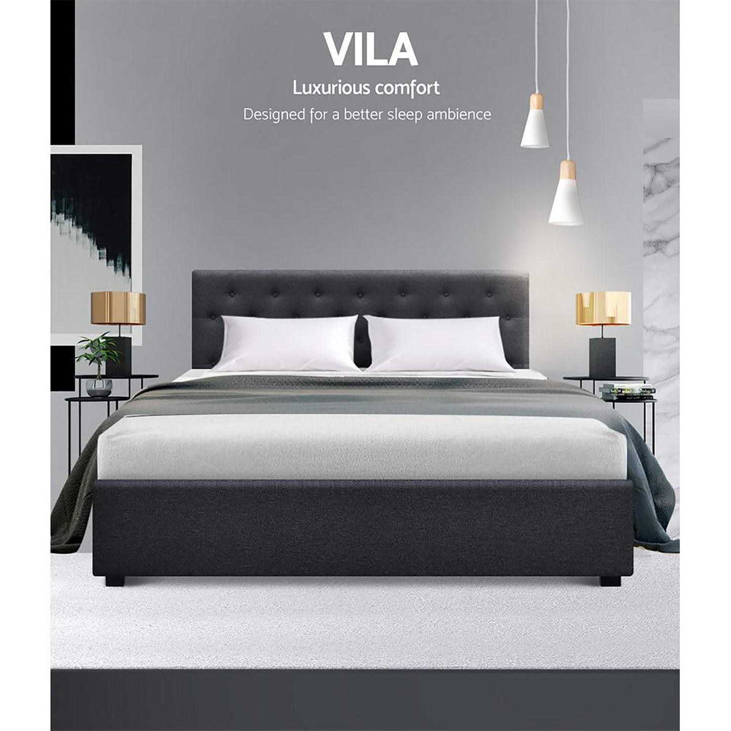 VILA Bed Frame Queen Size Gas Lift Charcoal