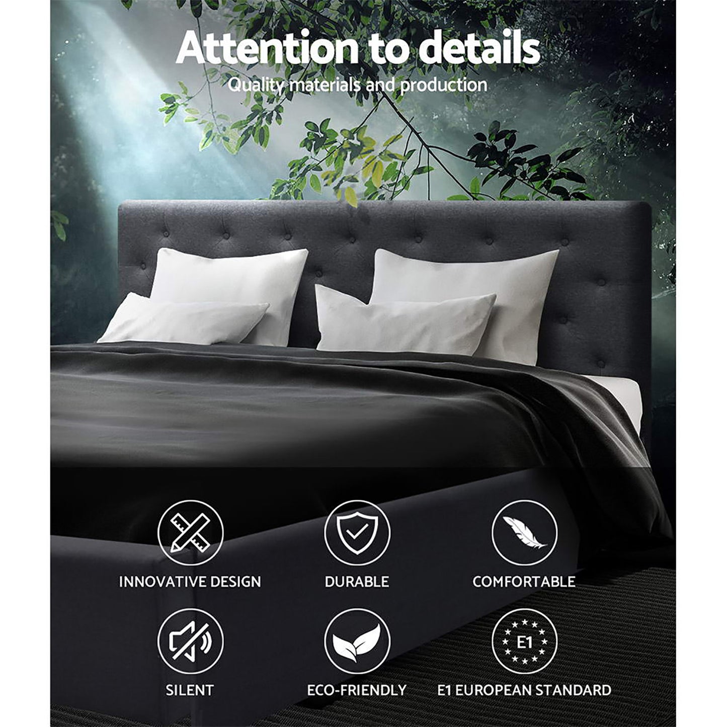 VILA Bed Frame Queen Size Gas Lift Charcoal