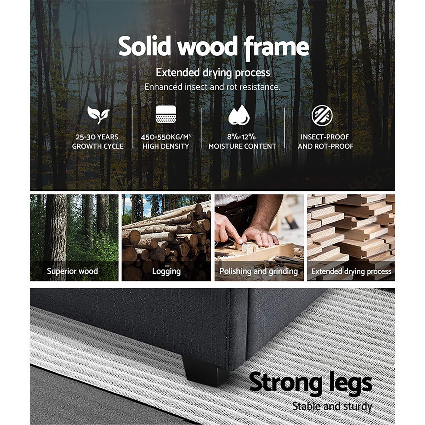 VILA Bed Frame Queen Size Gas Lift Charcoal