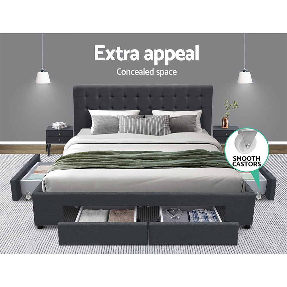 AVIO Bed Frame Queen Size with 4 Drawers Charcoal