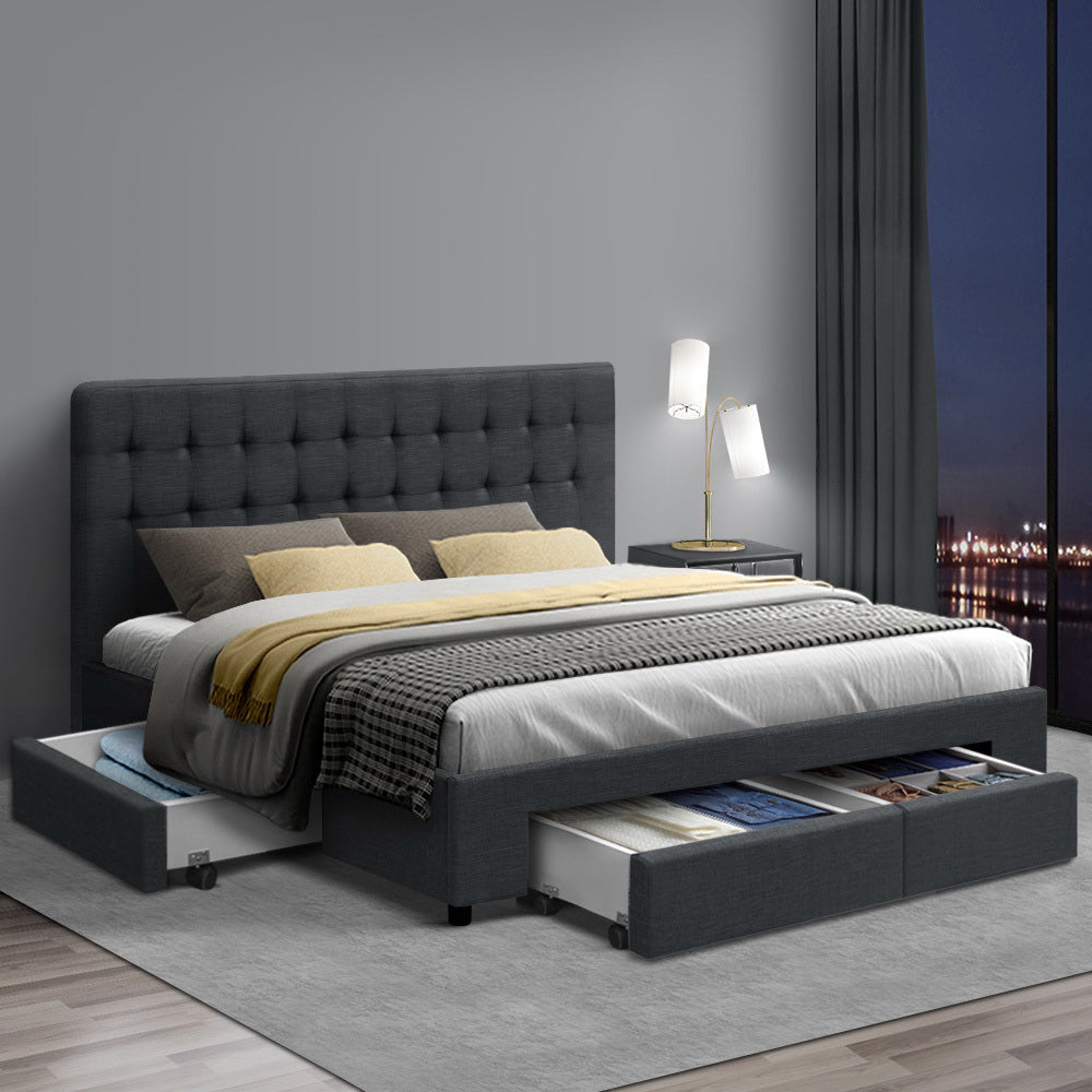 AVIO Bed Frame Queen Size with 4 Drawers Charcoal