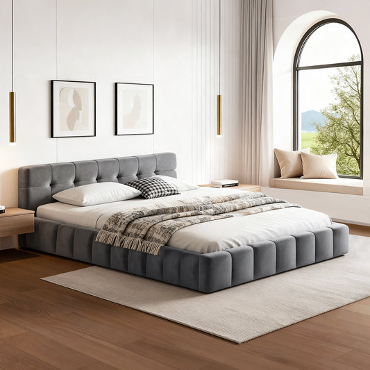 Double Size Bed Frame Plush Soft Headboard Velvet Platform Base for Modern Bedrooms Grey