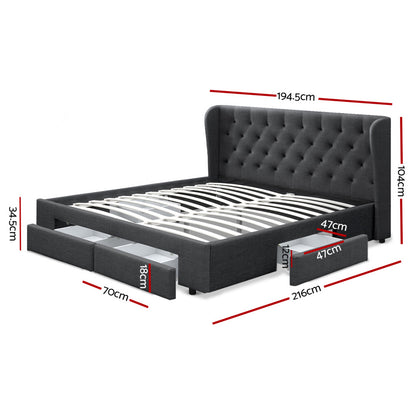 MILA Bed Frame King Size with 4 Drawers Charcoal