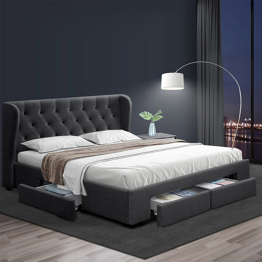 MILA Bed Frame King Size with 4 Drawers Charcoal