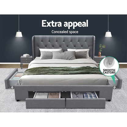 MILA Bed Frame Queen Size with 4 Drawers Grey