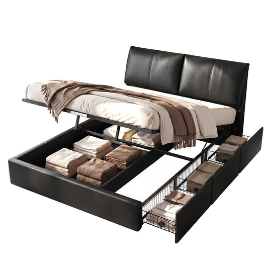 King Bed Frame Gas Lift Storage 3 Drawers Adjustable Headboard Platform Bed Black