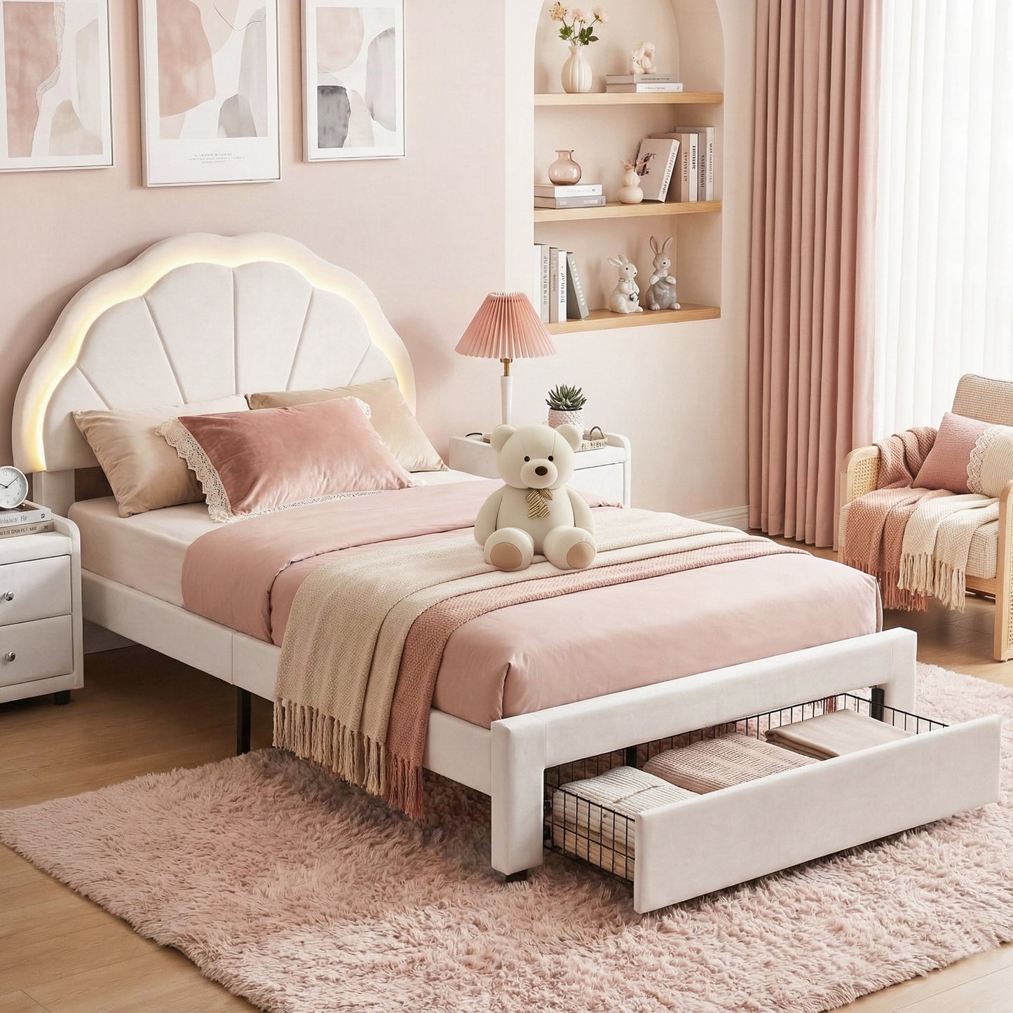 Artiss King Single Bed Frame with Storage Drawer Upholstered Velvet Platform Bed LED Headboard