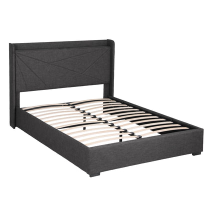 Artiss Double Bed Frame Gas Lift Storage Bed with Charging Ports Upholstered Geometric Headboard Charcoal Grey