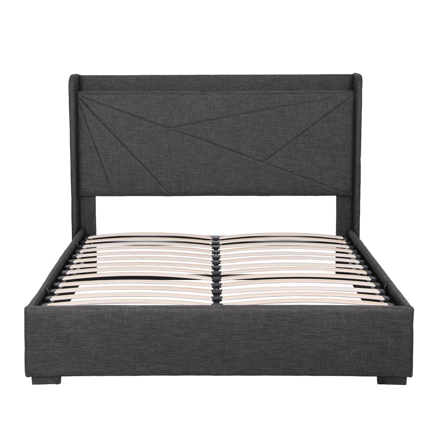Artiss Queen Bed Frame Gas Lift Storage Bed with Charging Ports Upholstered Geometric Headboard Charcoal Grey