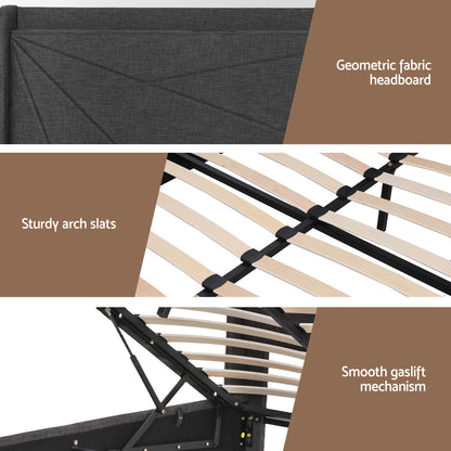 Artiss Queen Bed Frame Gas Lift Storage Bed with Charging Ports Upholstered Geometric Headboard Charcoal Grey
