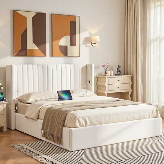 Double Bed Frame with Gaslift Storage USB Type-C Charging Ports Velvet Upholstery White