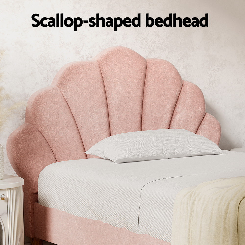 Bed Frame King Single Size Scallop-Shape Bedhead Beds Base Pink Velvet Fabric