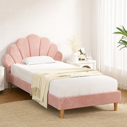 Bed Frame King Single Size Scallop-Shape Bedhead Beds Base Pink Velvet Fabric
