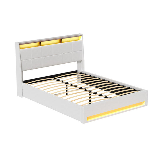 Bed Frame Gas Lift LED Beds Base Platform White PVC Leather Storage Headboard - Double