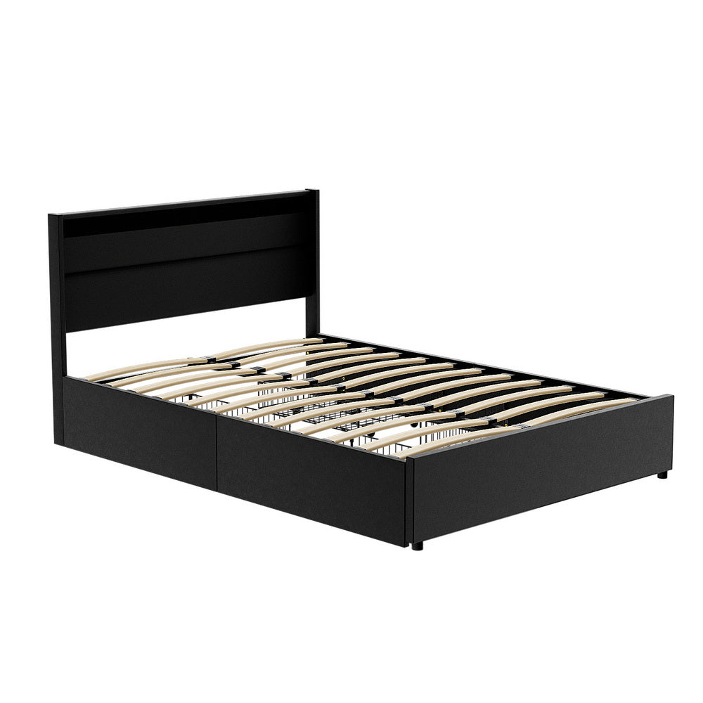 DUNN Bed Frame Double Size LED with 4 Drawers Black