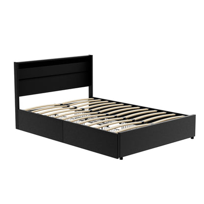 DUNN Bed Frame Double Size LED with 4 Drawers Black