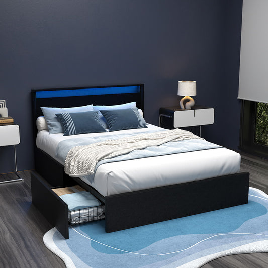 DUNN Bed Frame Double Size LED with 4 Drawers Black