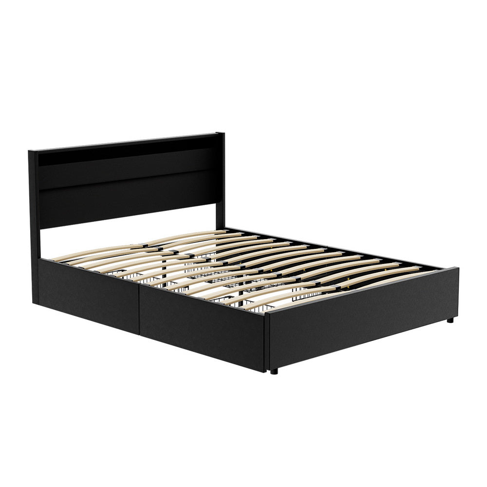 DUNN Bed Frame Queen Size LED with 4 Drawers Black