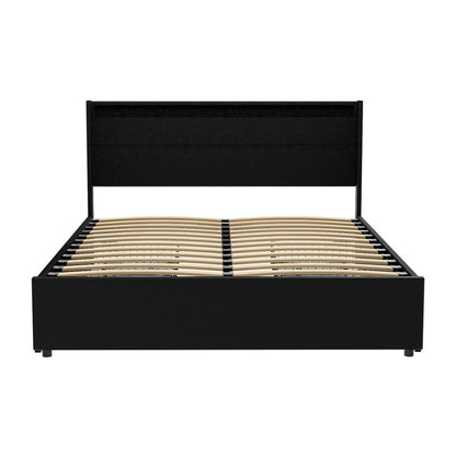 DUNN Bed Frame Queen Size LED with 4 Drawers Black