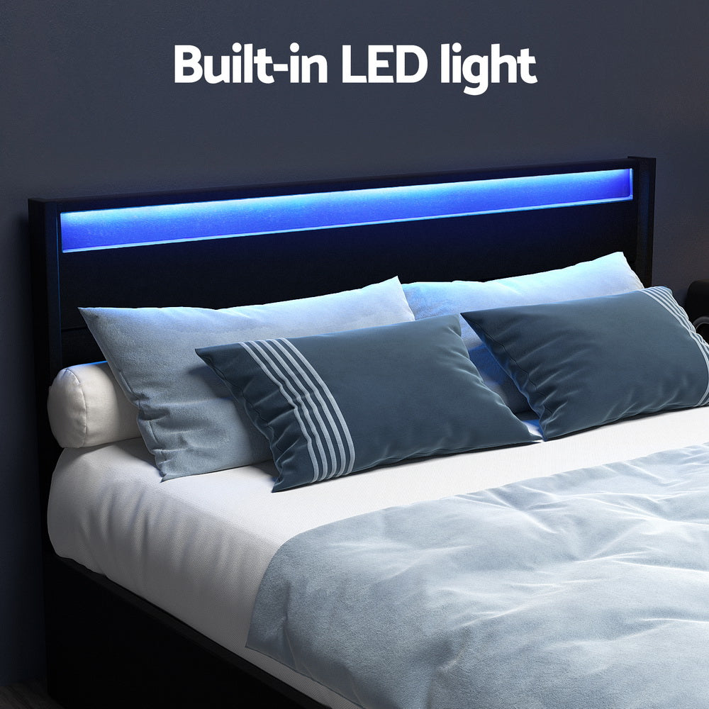 DUNN Bed Frame Queen Size LED with 4 Drawers Black