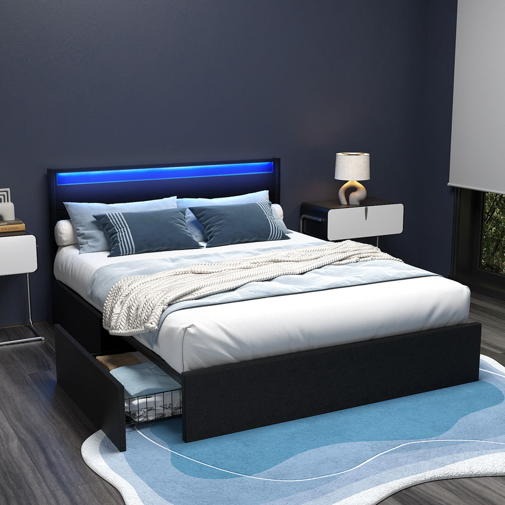 DUNN Bed Frame Queen Size LED with 4 Drawers Black
