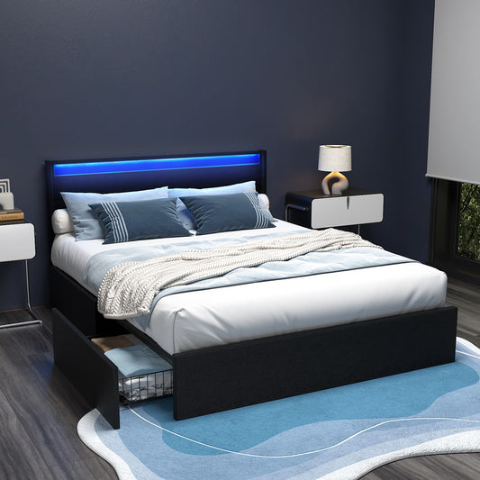 DUNN Bed Frame Queen Size LED with 4 Drawers Black