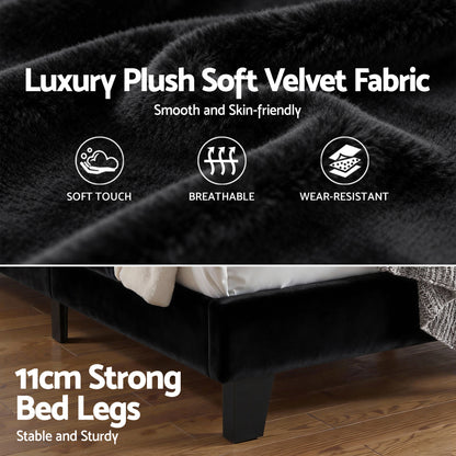 Artiss Double Bed Frame Upholstered Platform Base with Geometric Headboard Black Velvet