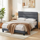 Double Bed Frame Upholstered Platform Base with Geometric Headboard Charcoal Grey Linen Wood Slats for Modern Bedroom Furniture Home Decor