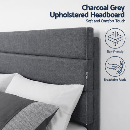 Artiss Double Bed Frame Upholstered Platform Base with Geometric Headboard Charcoal Grey Linen Wood Slats for Modern Bedroom Furniture Home Decor