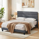 King Bed Frame Upholstered Platform Base with Geometric Headboard Charcoal Grey Linen Wood Slats for Modern Bedroom Furniture Home Decor