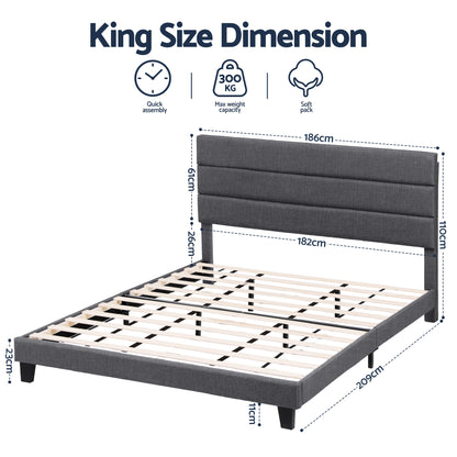 Artiss King Bed Frame Upholstered Platform Base with Geometric Headboard Charcoal Grey Linen Wood Slats for Modern Bedroom Furniture Home Decor