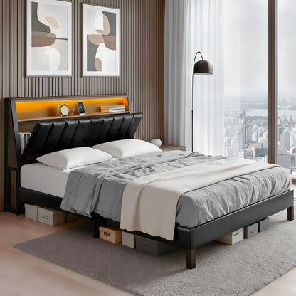 Artiss Double Bed Frame LED Storage Headboard with Charging Station Black