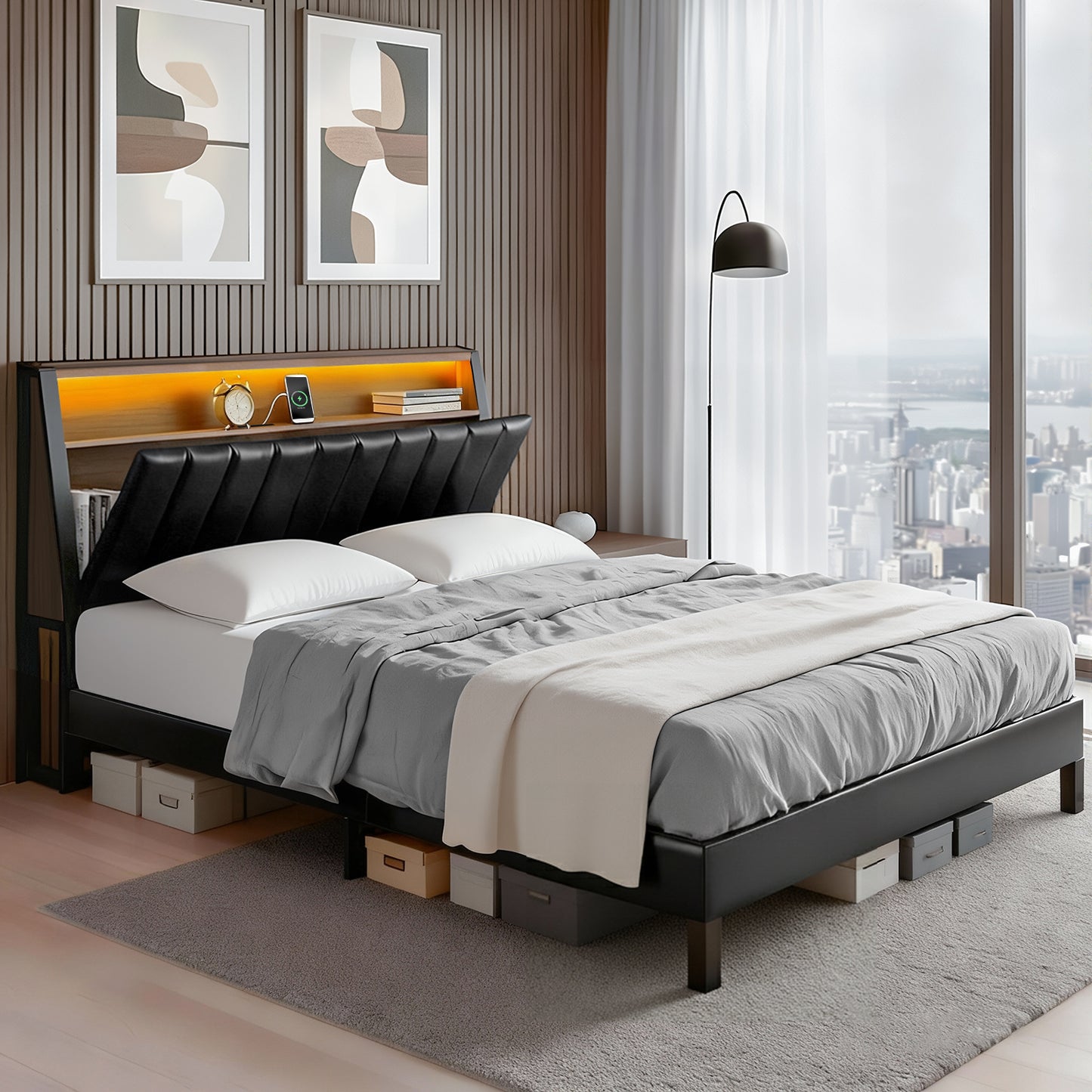 Artiss Queen Bed Frame LED Storage Headboard with Charging Station Black