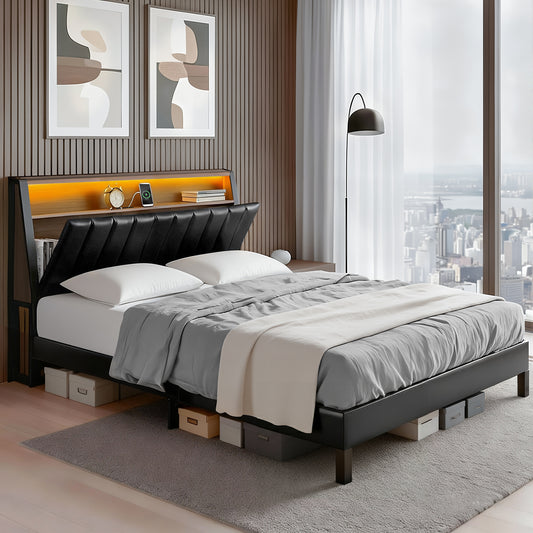 Queen Bed Frame LED Storage Headboard with Charging Station Black