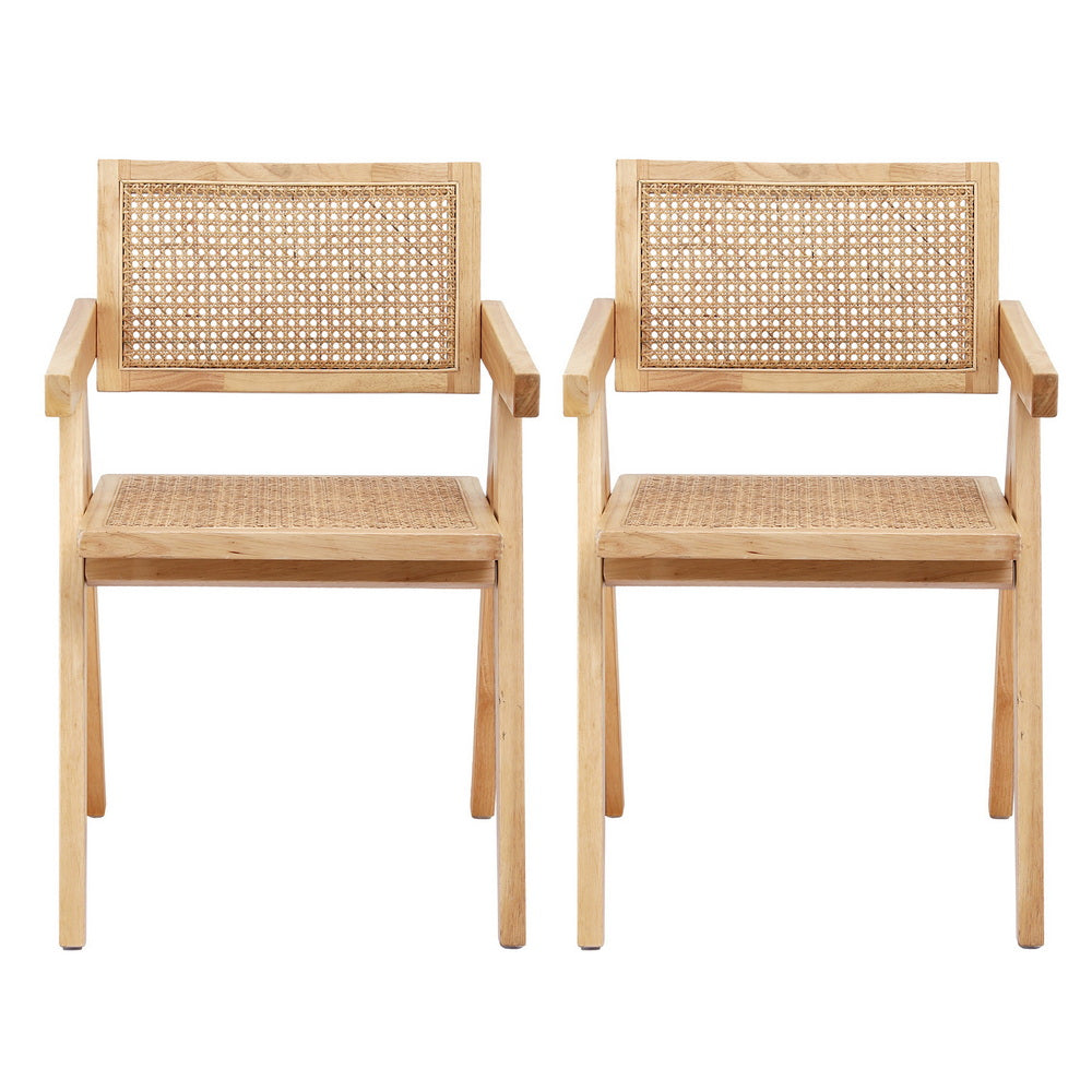 2x Dining Chairs Wooden Rattan Seat Rubber Wood Frame