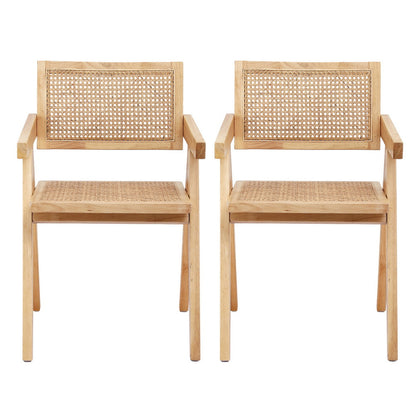 2x Dining Chairs Wooden Rattan Seat Rubber Wood Frame