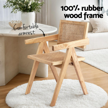 2x Dining Chairs Wooden Rattan Seat Rubber Wood Frame